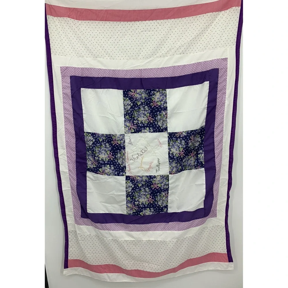 Handmade Embroidered Vintage Quilt Top Unfinished Floral Pink Purple 38